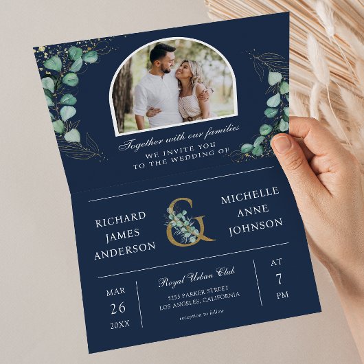 Eucalyptus Arch Photo Navy Blue QR Code Wedding 招待状