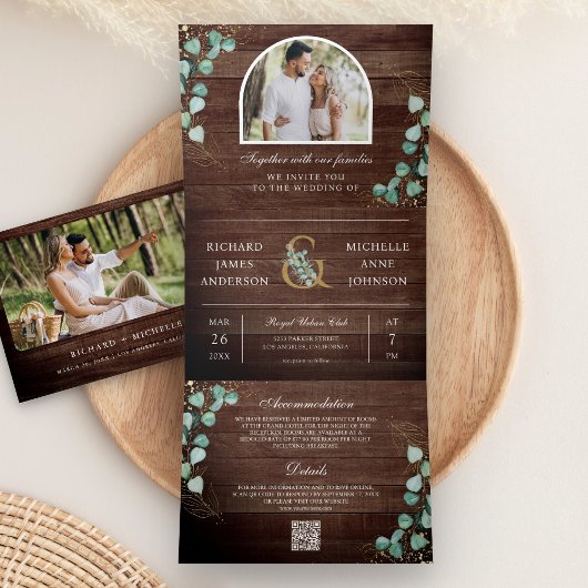 Eucalyptus Arch Photo Rustic Wood QR Code Wedding 三つ折り招待状