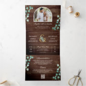 Eucalyptus Arch Photo Rustic Wood QR Code Wedding 三つ折り招待状 (内部)