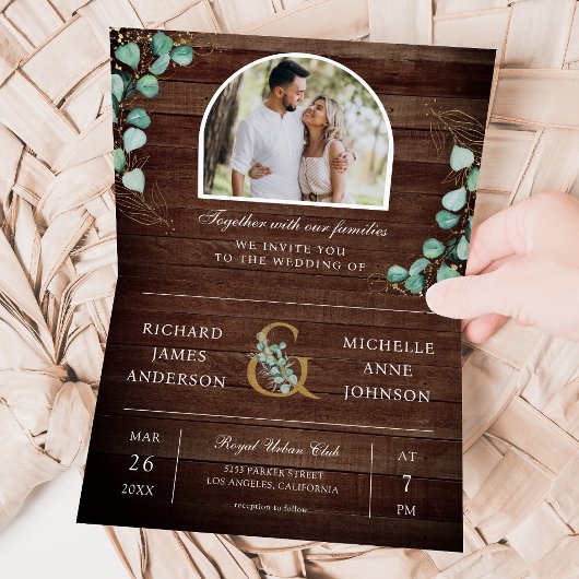 Eucalyptus Arch Photo Rustic Wood QR Code Wedding 招待状