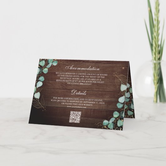 Eucalyptus Arch Photo Rustic Wood QR Code Wedding 招待状 (裏面)