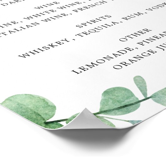 Eucalyptus Bar Menu Sign | Elegant Wedding Drinks ポスター (角)