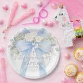 Eucalyptus Blue Bow Baby Boy Baptism ペーパープレート (パーティー)