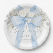 Eucalyptus Blue Bow Baby Boy Baptism ペーパープレート (正面)