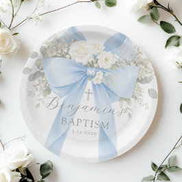 Eucalyptus Blue Bow Baby Boy Baptism ペーパープレート