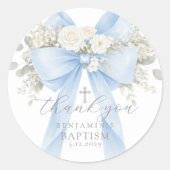 Eucalyptus Blue Bow Baptism Thank you ラウンドシール (正面)