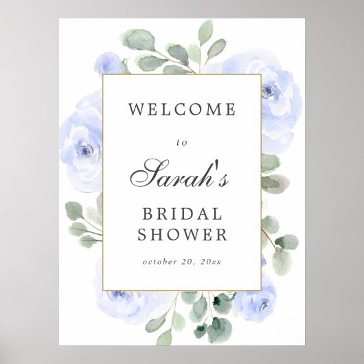 Eucalyptus Blue Floral Bridal Shower Welcome Sign ポスター (正面)