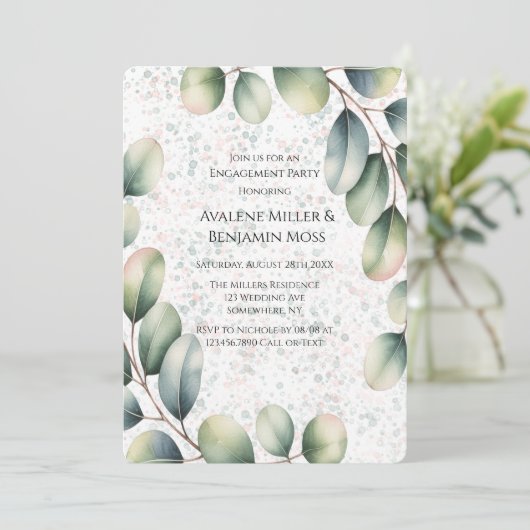 Eucalyptus Blush Alcohol Ink Engagement Party 招待状 (スタンド正面)