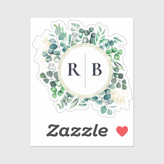 Eucalyptus Botanical Greenery Couple Monogram シール (シート)