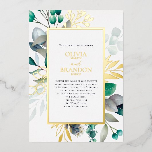 Eucalyptus Botanical Greenery Garden Wedding Gold 箔招待状 (正面)