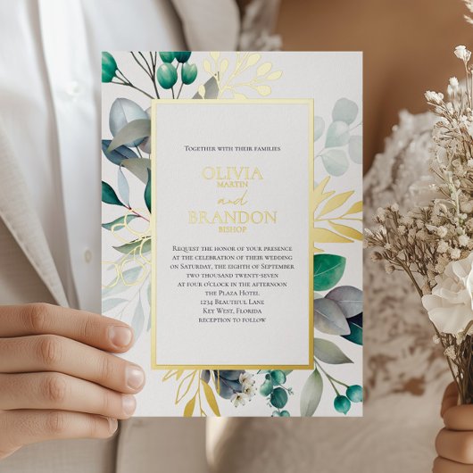 Eucalyptus Botanical Greenery Garden Wedding Gold 箔招待状