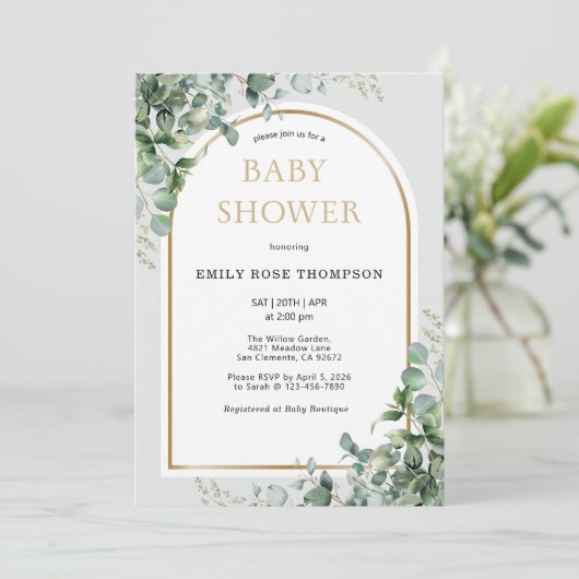 Eucalyptus Botanical Letter Gold Baby Shower 招待状 (スタンド正面)