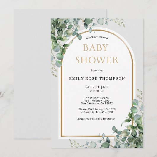 Eucalyptus Botanical Letter Gold Baby Shower  招待状 (正面/裏面)