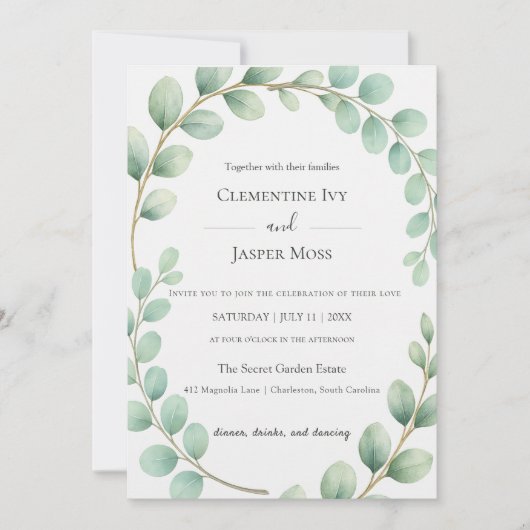 Eucalyptus Botanical Sage Green Boho Wedding 招待状 (正面)