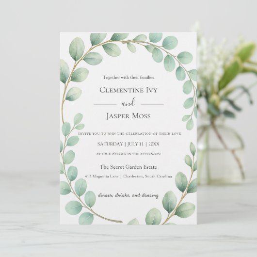 Eucalyptus Botanical Sage Green Boho Wedding 招待状 (スタンド正面)