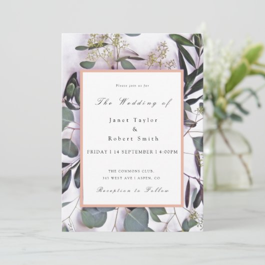 Eucalyptus Bouquet with Pink Border Wedding  招待状 (スタンド正面)