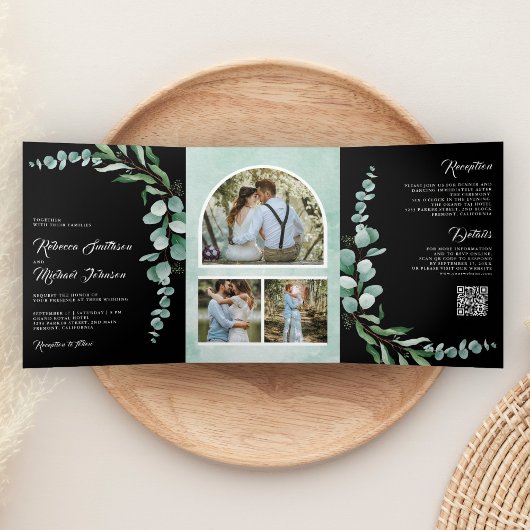 Eucalyptus Branch Photo QR Code Black Wedding 三つ折り招待状