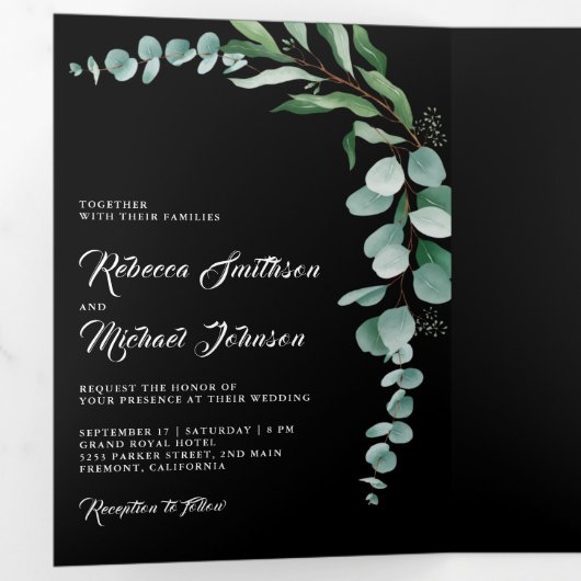 Eucalyptus Branch Photo QR Code Black Wedding 三つ折り招待状 (内部最初)