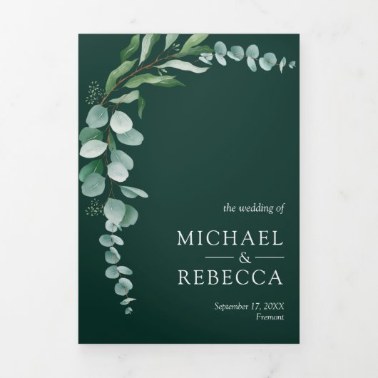 Eucalyptus Branch Photo QR Code Emerald Wedding 三つ折り招待状 (カバー)
