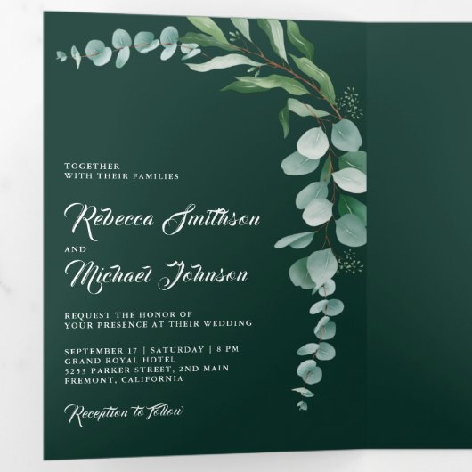 Eucalyptus Branch Photo QR Code Emerald Wedding 三つ折り招待状 (内部最初)