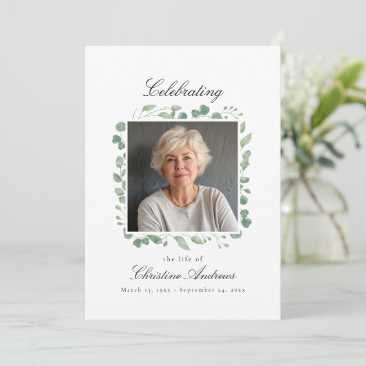 Eucalyptus Celebration of Life Funeral White 招待状 (スタンド正面)