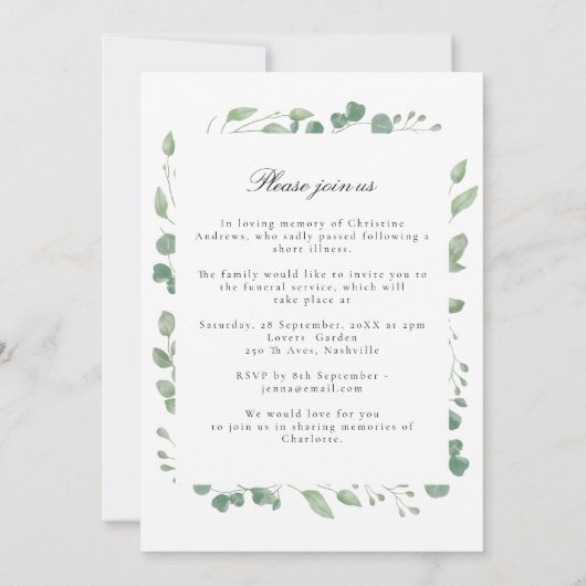 Eucalyptus Celebration of Life Funeral White 招待状 (裏面)