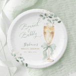 Eucalyptus Champagne Bridal Shower ペーパープレート<br><div class="desc">Celebrate the bride-to-be with a delightful 'Brunch & Bubbly' bridal shower theme. These paper plates feature a charming watercolor illustration of a champagne flute adorned with a soft green ribbon,  surrounded by delicate eucalyptus leaves and tiny white blossoms.</div>