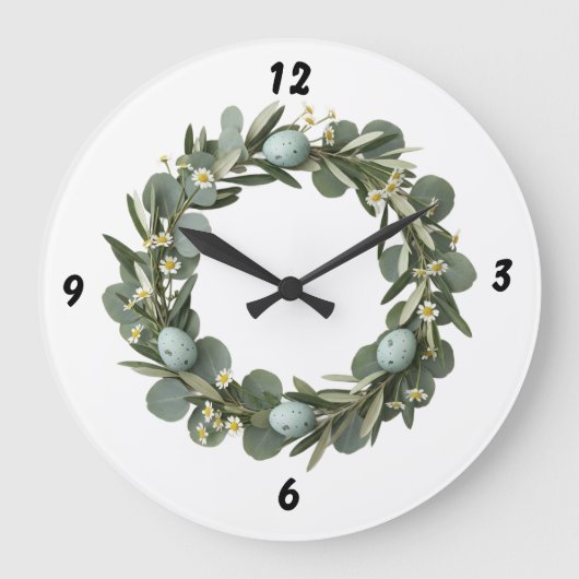 Eucalyptus & Daisy Spring Wreath Wall Clock ラージ壁時計 (正面)