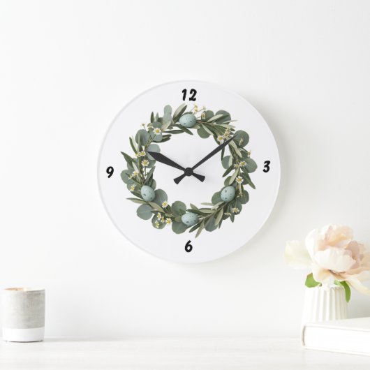 Eucalyptus & Daisy Spring Wreath Wall Clock ラージ壁時計 (ホーム)