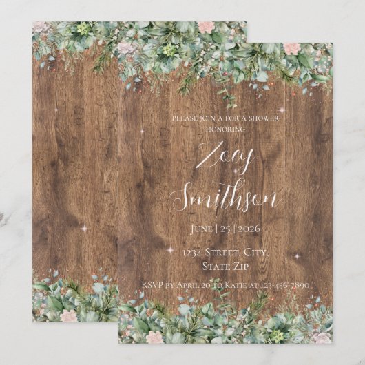 Eucalyptus Dusty Rose Bridal Shower | Greenery 招待状 (正面/裏面)