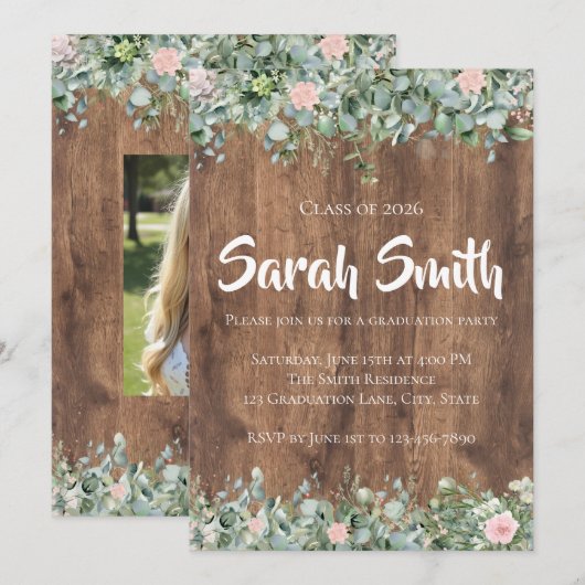 Eucalyptus Dusty Rose Graduation Invitation 招待状 (正面/裏面)