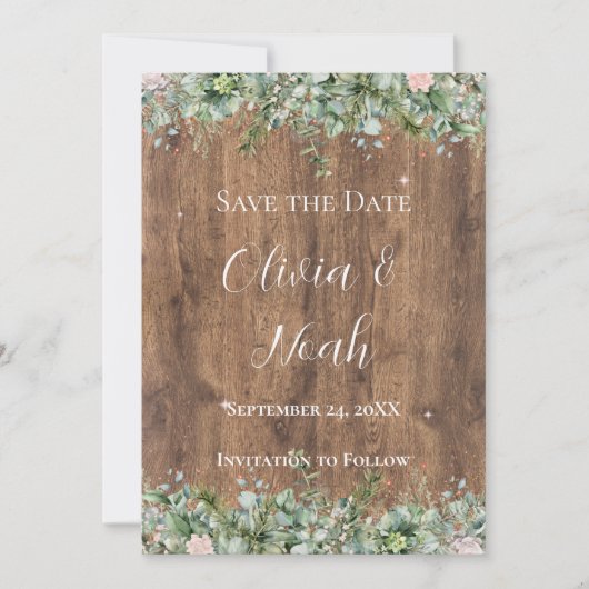 Eucalyptus Dusty Rose Save the Date | Greenery 招待状 (正面)