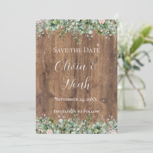 Eucalyptus Dusty Rose Save the Date | Greenery 招待状 (スタンド正面)