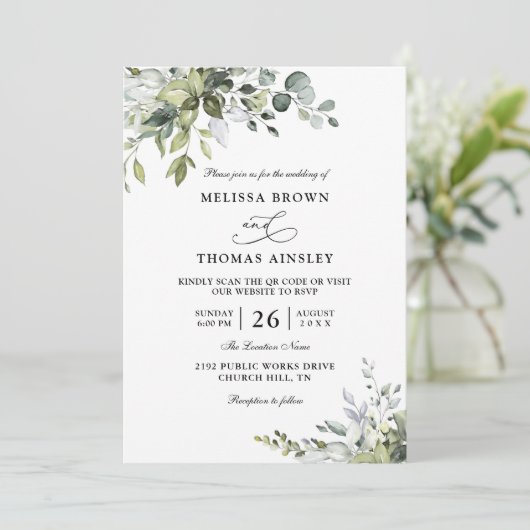Eucalyptus Elegant Modern Budget QR Code Wedding 招待状 (スタンド正面)
