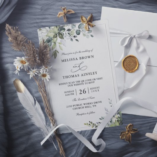 Eucalyptus Elegant Modern Budget QR Code Wedding 招待状