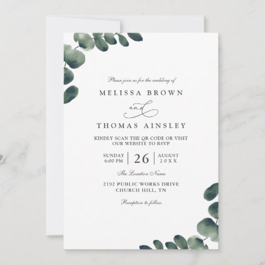 Eucalyptus Elegant Modern Rustic QR Code Wedding 招待状 (正面)