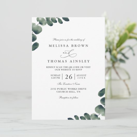 Eucalyptus Elegant Modern Rustic QR Code Wedding 招待状 (スタンド正面)