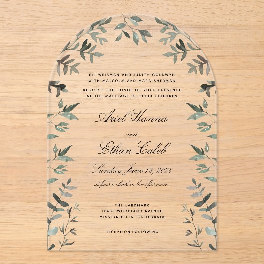 Eucalyptus Ferns Archway Wedding アクリル招待状 (正面)