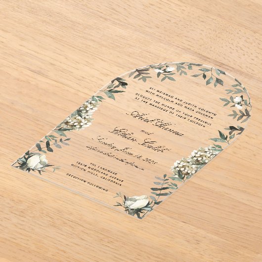 Eucalyptus Ferns White Flowers Archway Wedding アクリル招待状 (レイダウン)