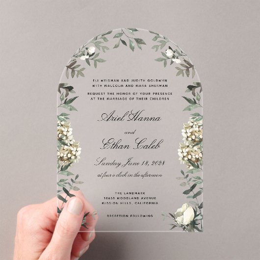 Eucalyptus Ferns White Flowers Archway Wedding  アクリル招待状 (インサイチュ (ポータブル))