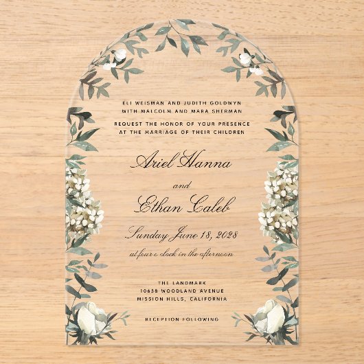 Eucalyptus Ferns White Flowers Archway Wedding  アクリル招待状 (正面)