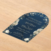 Eucalyptus Ferns White Flowers Navy Archway アクリル招待状 (レイダウン)