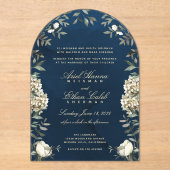 Eucalyptus Ferns White Flowers Navy Archway アクリル招待状 (正面)