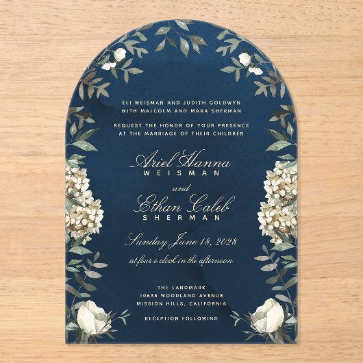 Eucalyptus Ferns White Flowers Navy Archway アクリル招待状 (正面)