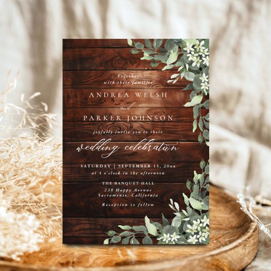 Eucalyptus Floral Greenery Rustic Wood Wedding 招待状