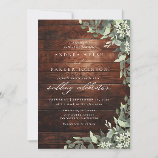 Eucalyptus Floral Greenery Rustic Wood Wedding 招待状 (正面)