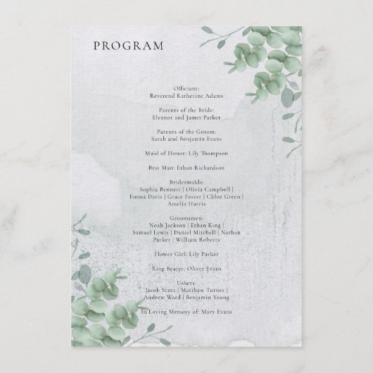 Eucalyptus floral minimal modern program wedding メニュー (裏面)