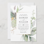 Eucalyptus Glow Gold Greenery QR Code Wedding 招待状 (正面)