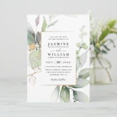 Eucalyptus Glow Gold Greenery QR Code Wedding 招待状 (スタンド正面)