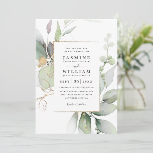 Eucalyptus Glow Gold Greenery QR Code Wedding 招待状 (スタンド正面)